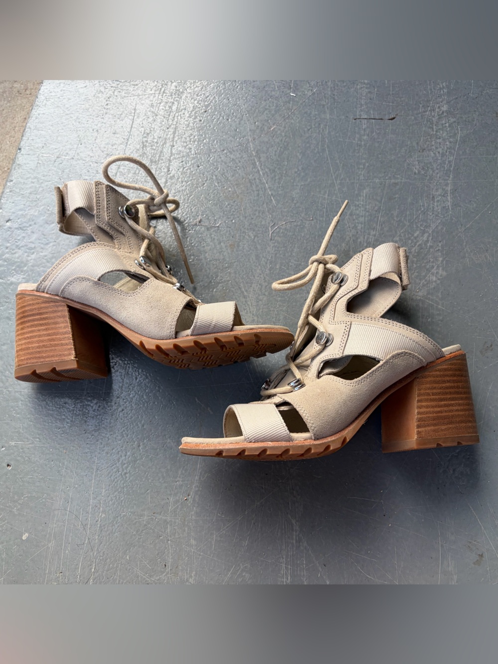 Sorel Taupe Lace-Up Cutout Block Heel Sandals
